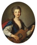 Femme guitariste, école française, XVIIIè siècle. Notez l'usage des cordes doubles